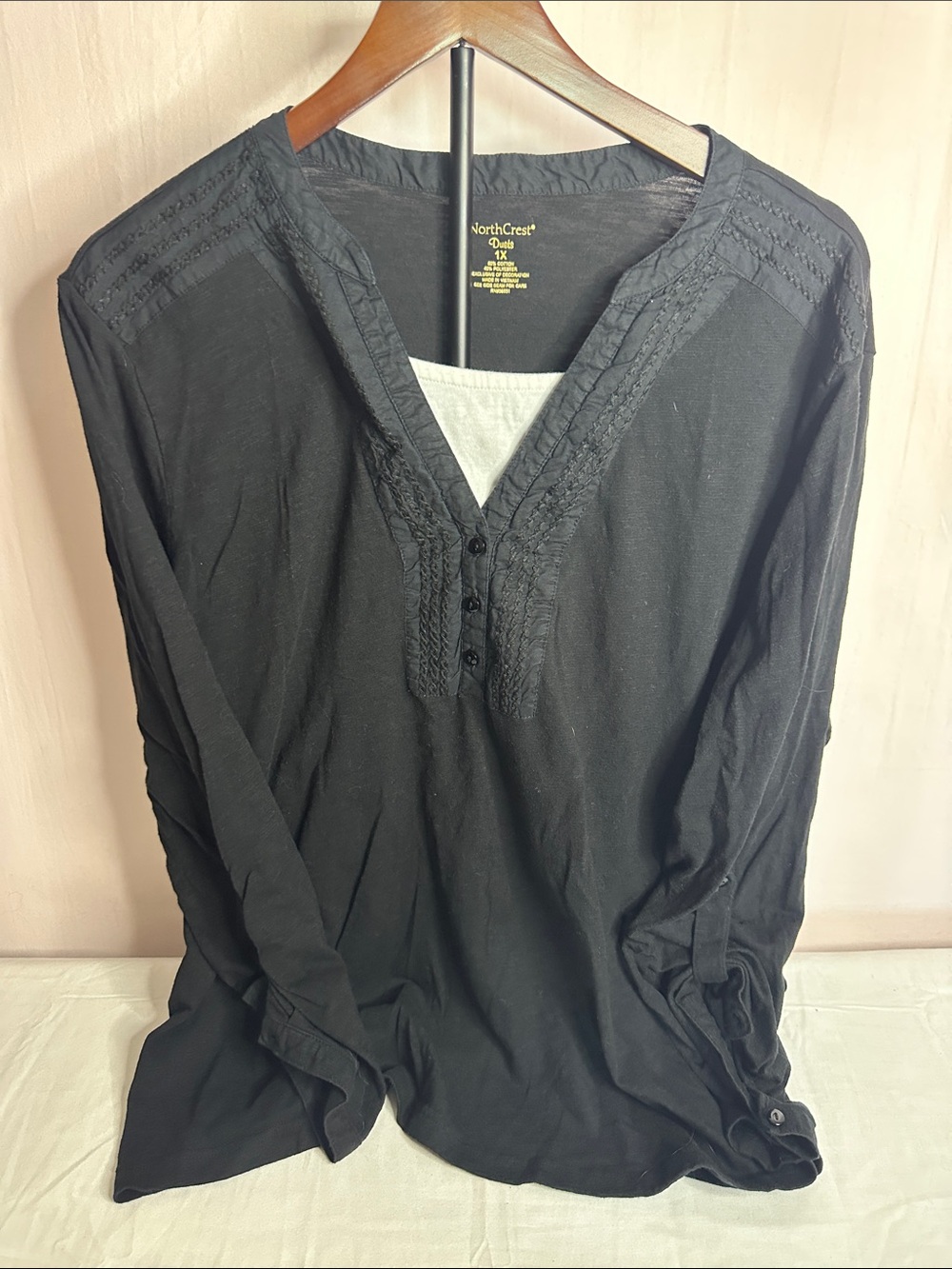 Northcrest Black Long-Sleeve Henley with Textured Trim